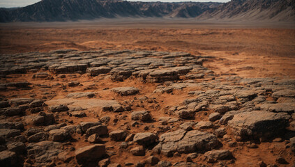 Fototapeta premium Detailed close-up of the rugged and cratered surface of a rocky planet - AI Generative