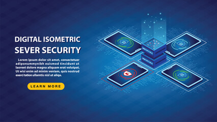 Digital Isometric Server Security and data sever with Smartphone on blue background.