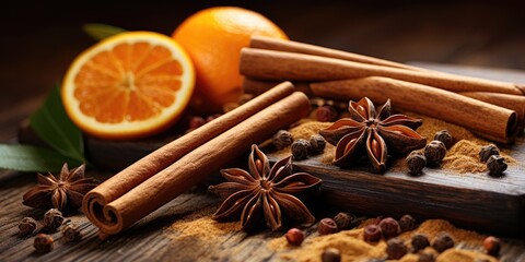 Fototapeta na wymiar Fragrant cinnamon sticks, star anise, oranges on the table close-up. Generative AI