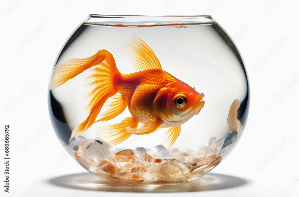 Wall mural Goldfish in a bowl. Goldfish in a spherical aquarium on a white background. Generative artificial intelligence