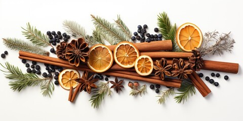 potpourri of fruits and spices on a white background, top view. Generative AI