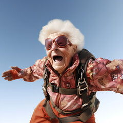 Elderly grandmother is happy and excited, having fun parachuting out of an airplane, concept of...