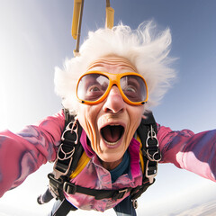 Elderly grandmother is happy and excited, having fun parachuting out of an airplane, concept of...
