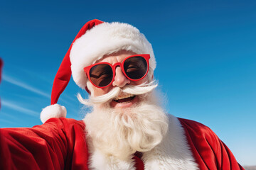 Cool and happy santa claus with sunglasses taking a selfie outside