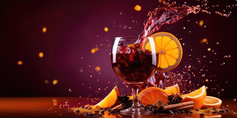 Splash of cocktail with fruits and spices on a bright background, close-up. Generative AI