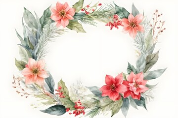 Fototapeta na wymiar Christmas background with branches and berries. Christmas tree garland seamless border. Watercolor painted illustration. Winter floral frame.