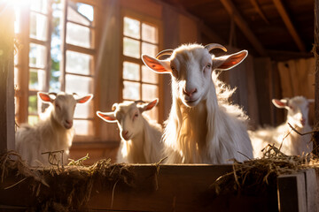 Goats in the stable on a bustling goats farm, highlighting the liveliness and charm of rural goat...