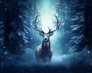 Christmas reindeer standing on the snow..New Year and holiday festive atmosphere. Copy space.