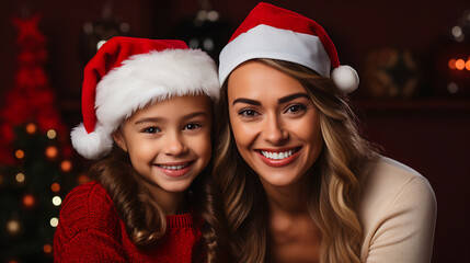 Portrait of happy mother and daughter in santa hats looking at camera