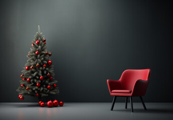 Red Chair with Christmas tree and Christmas presents beside a grey wall. New Year and holiday concept. Copy space.