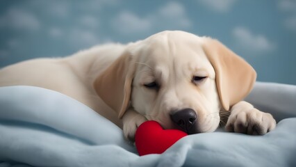 golden retriever puppy A labrador puppy with a red heart shaped pillow on its chest. The puppy is sleepy and relaxed,  