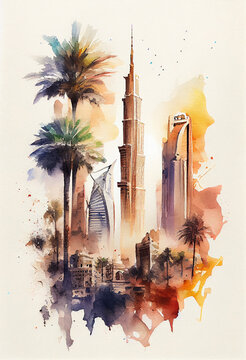 Dubai artwork, watercolor. United Arab Emirates. AI generative