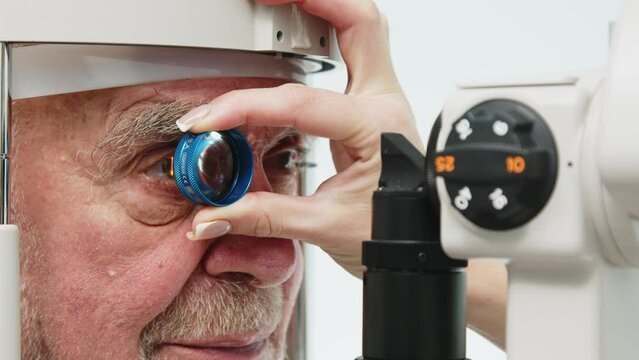 An ophthalmologist checks the vision of an elderly person using modern equipment. The concept of advertising ophthalmological services and medical technologies.