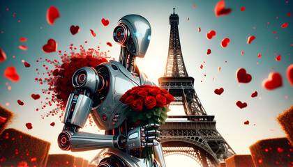 A Romantic Robot Holding Roses in Front of the Majestic Eiffel Tower, hearts flying through the air, Valentine's Day, Valentines Day