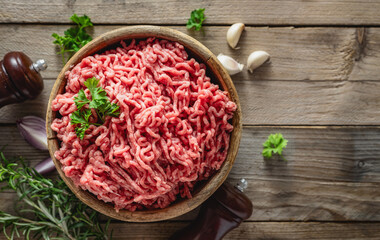 Fresh ground beef for cooking delicious and healthy food on wooden background with copy space top view