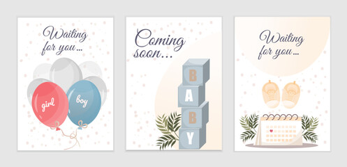 Set of cards for baby birth party with balloons in pink and blue color, baby shower party concept, gender reveal party concept, flat vector illustration