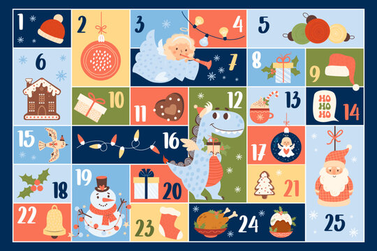 December Christmas advent calendar for 25 days. Dragon, angel, gingerbread, presents, Santa Claus, snowman, balls with numbers 1 to 25. Vector countdown holiday calendar. Dates festive event xmas.