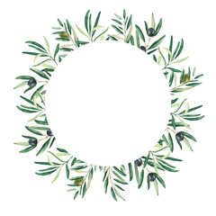 Watercolor olive tree wreath, round frame or border with black and green olives. Isolated on white background. Hand drawn botanical illustration. Can be used for cards, logos and cosmetic design.