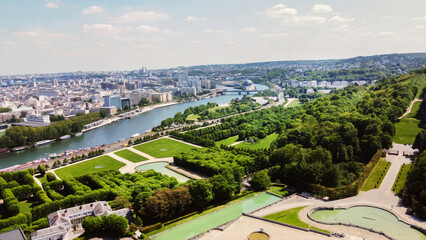 Drone point of view on Seine river and park of National Estate de Saint-Cloud
