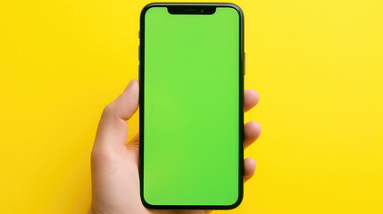 Green screen phone in hand mockup chroma key shopping online yellow background - obrazy, fototapety, plakaty