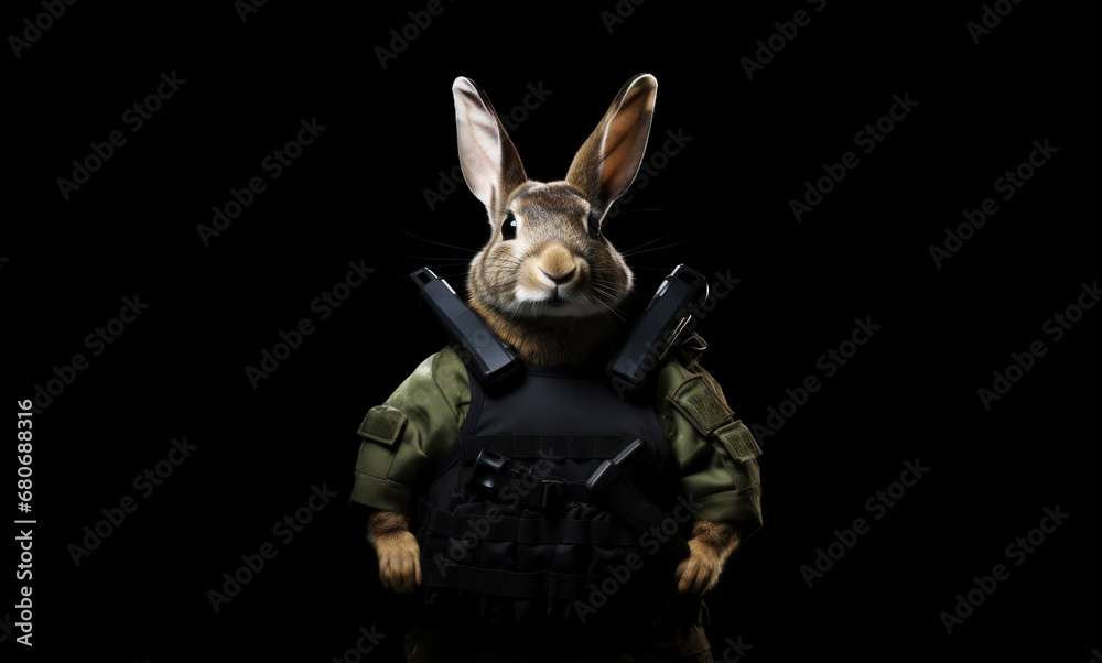 Wall mural Portrait of a rabbit wearing bulletproof vest