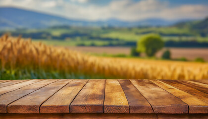 Wooden table over blur farm background, product display montage. Product placement. For product...