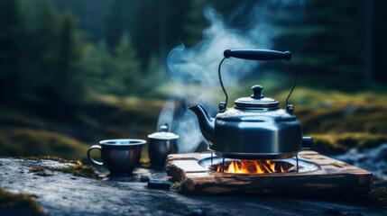 Metal kettle on campfire in the forest