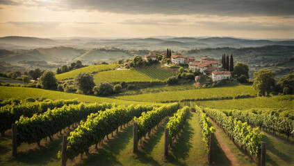 Picturesque and charming hilltop vineyard, with a panoramic view of the surrounding countryside - AI Generative