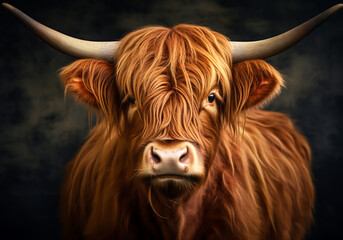 Scottish cow portrait on dark background. AI generated