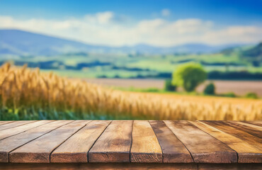 Wooden table over blur farm background, product display montage. Product placement. For product display.
