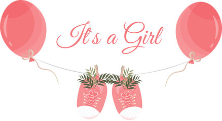 Banner with balloons in pink color, it's a 's a girl phrase, baby shower party concept, gender reveal party concept, flat vector illustration