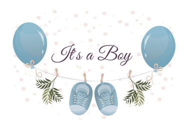 Banner with balloons in blue color, it's a 's a girl phrase, baby shower party concept, gender reveal party concept, flat vector illustration