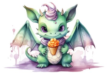 Watercolor Dragon. Cute cartoon fairy tale green baby dragon with open wings and ice cream, smiles. Illustration isolated on white background. Perfect for fantasy book covers, postcards, scrapbooking.