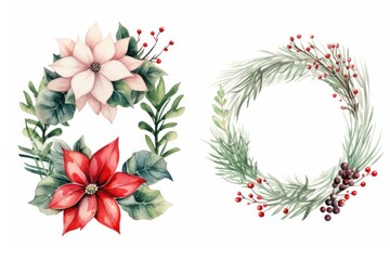 Two Cute watercolor Christmas wreaths from green twigs, mistletoe branches and flowers isolated on white background. Decoration for Christmas and New Year. Illustration for greeting cards, invitation