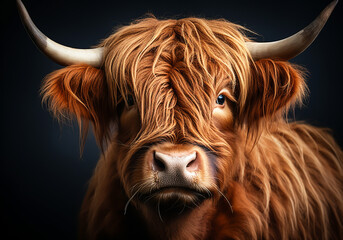 Scottish cow portrait on dark background. AI generated