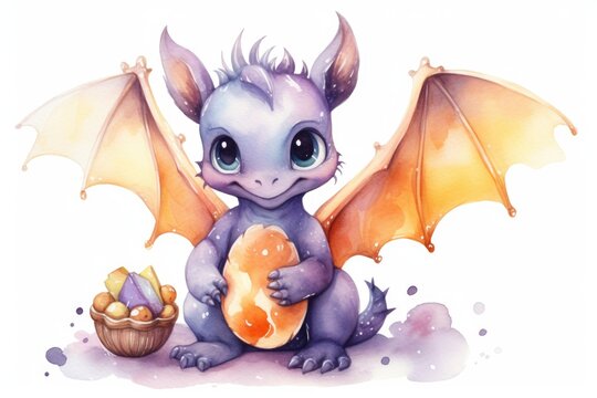Watercolor Dragon. Cute cartoon fairy tale purple baby dragon with open wings and cookies, smiles. Illustration isolated on white background. Perfect for fantasy book cover, postcard, scrapbooking.