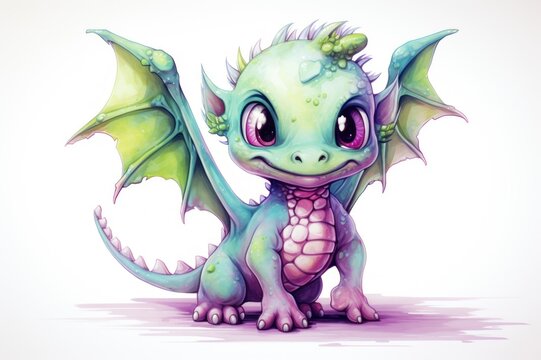 Watercolor Dragon Zombie. Cute cartoon fairy tale green purple baby dragon with open wings, smiles. Illustration isolated on white background. Perfect for fantasy book covers, postcards, scrapbooking.