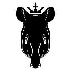 Head of tapir wearing royal crown. Funny animal design. Black and white silhouette.