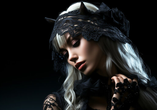 Closeup of woman portrait with dark gothic style with a black cat. AI generated