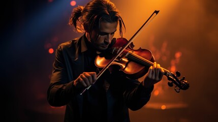Fototapeta premium Stylish violinist in a suit performing on a flaming stage.