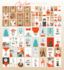 Hand drawn vector abstract fun Merry Christmas time cartoon illustrations greeting cards template and backgrounds big collection set with gift boxes,people and Xmas tree isolated on color background.