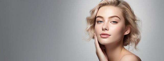 Photograph of a female model with clean and healthy skin touching her face, taken on a studio background.