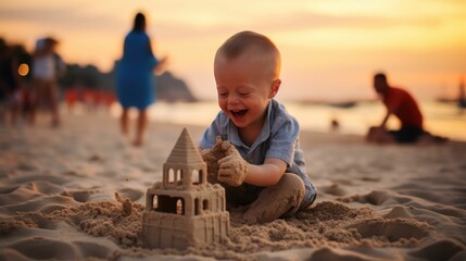 Baby building a sand castle on the beach. - obrazy, fototapety, plakaty