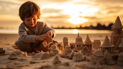 Baby building a sand castle on the beach.