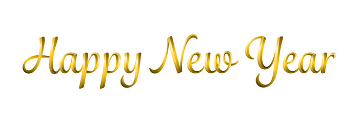 Happy New Year in golden metallic cursive vector font. Realistic reflective metal golden texture.