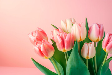 Bouquet of pink and white tulips on a pink background