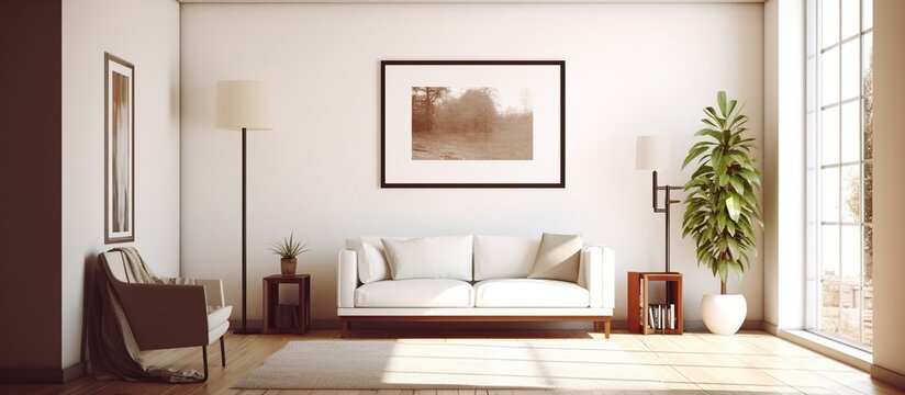 Interior of a living room with a sofa and a picture frame