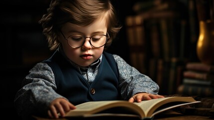 Fototapeta na wymiar Baby looking at books in dim light.