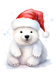 Watercolor illustration of a cute white bear with red Christmas hat, isolated on white background