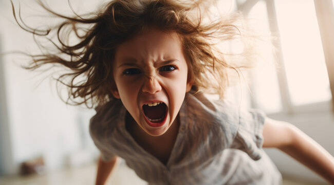 Child in a furious scream, wild hair adding to the emotional turmoil.